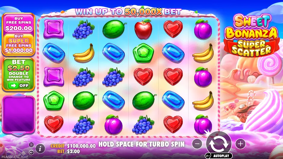 Sweet Bonanza Super Scatter original public-demo screen with its edition title and controls Sweet Bonanza Super Scatter original public-demo screen with its edition title and controls