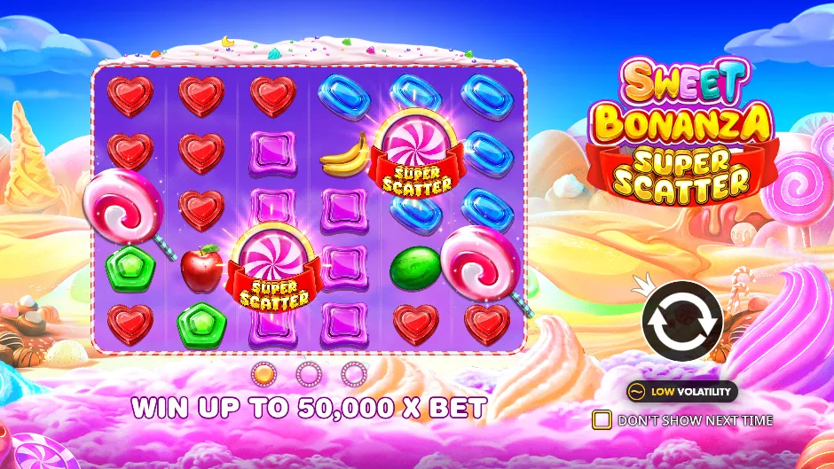 Sweet Bonanza Super Scatter official introduction with candy board and original game logo Sweet Bonanza Super Scatter official introduction with candy board and original game logo